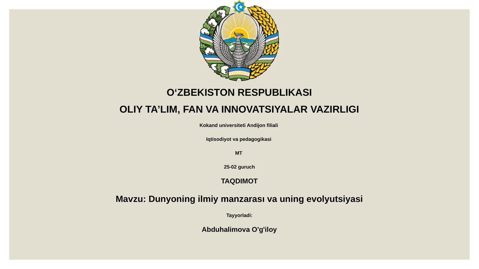 Dunyoning ilmiy manzarası va uning evolyutsiyasi