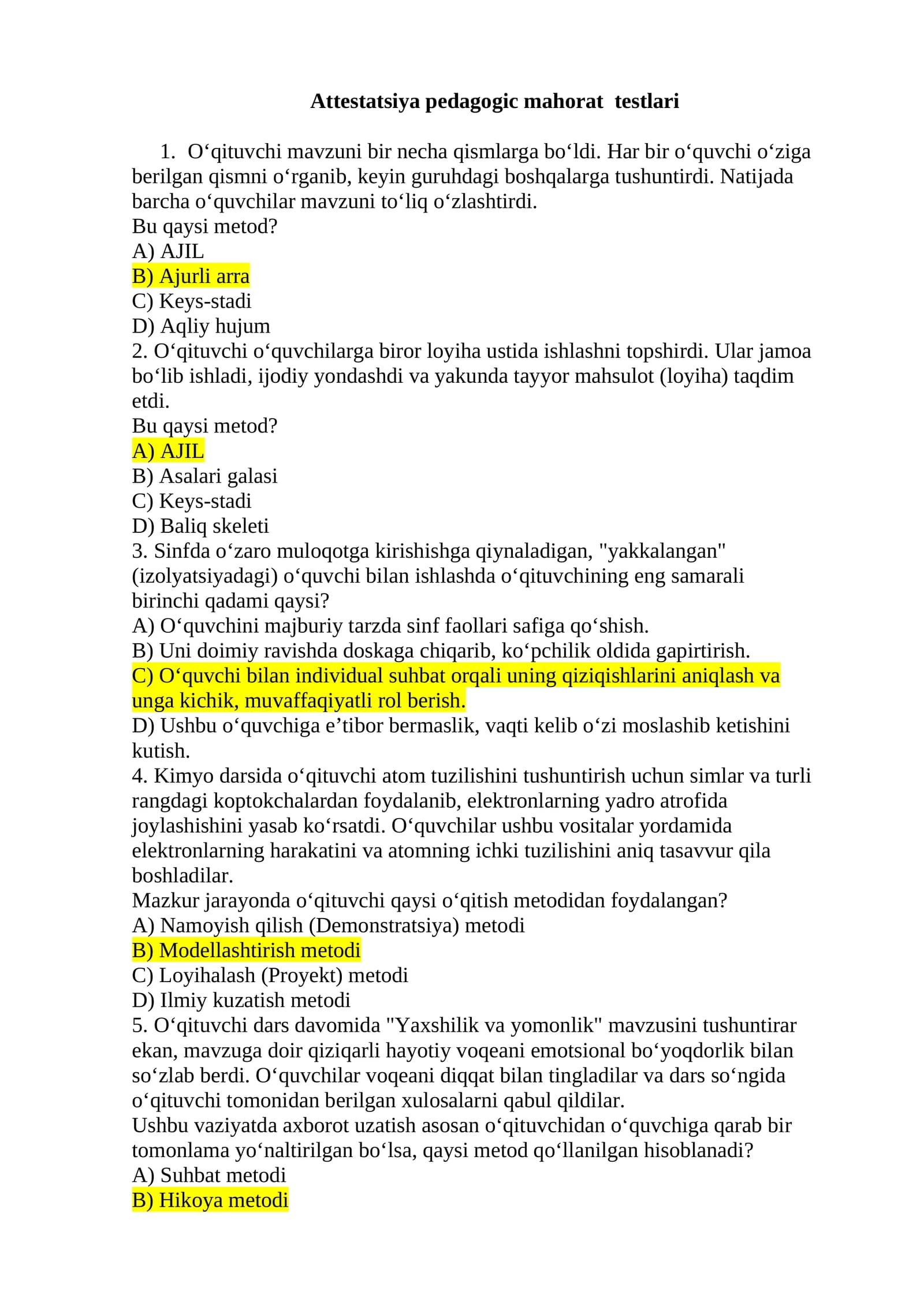 Attestatsiya pedagogik mahorat testlari
