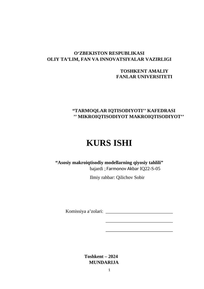 MIKROIQTISODIYOT MAKROIQTISODIYOT KURS ISHI