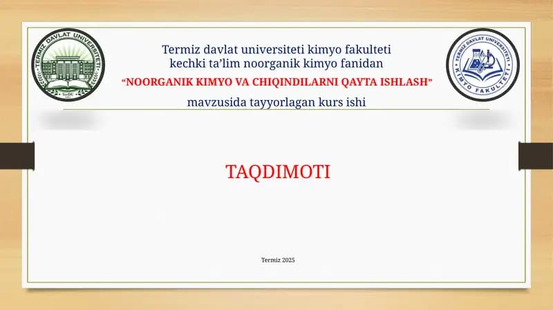 NOORGANIK KIMYO VA CHIQINDILARNI QAYTA ISHLASH