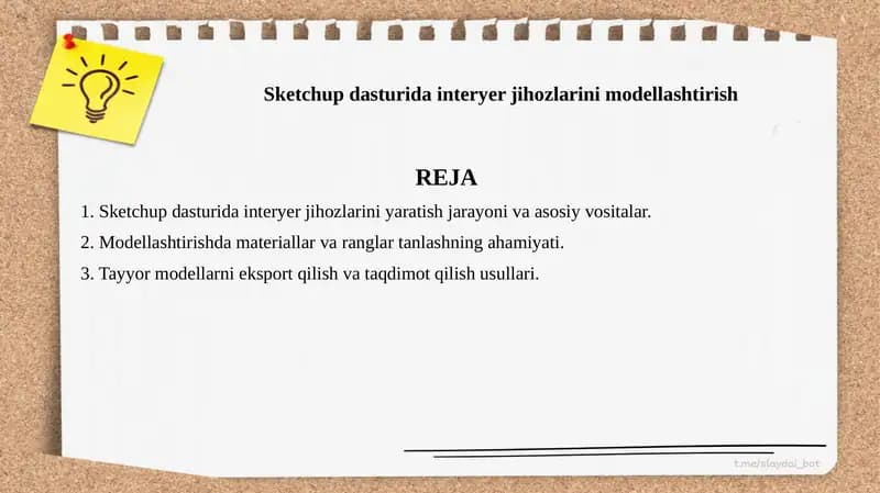 Sketchup dasturida interyer jihozlarini modellashtirish