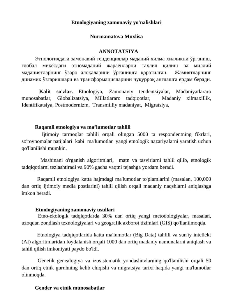 Etnologiyaning zamonaviy yo'nalishlari