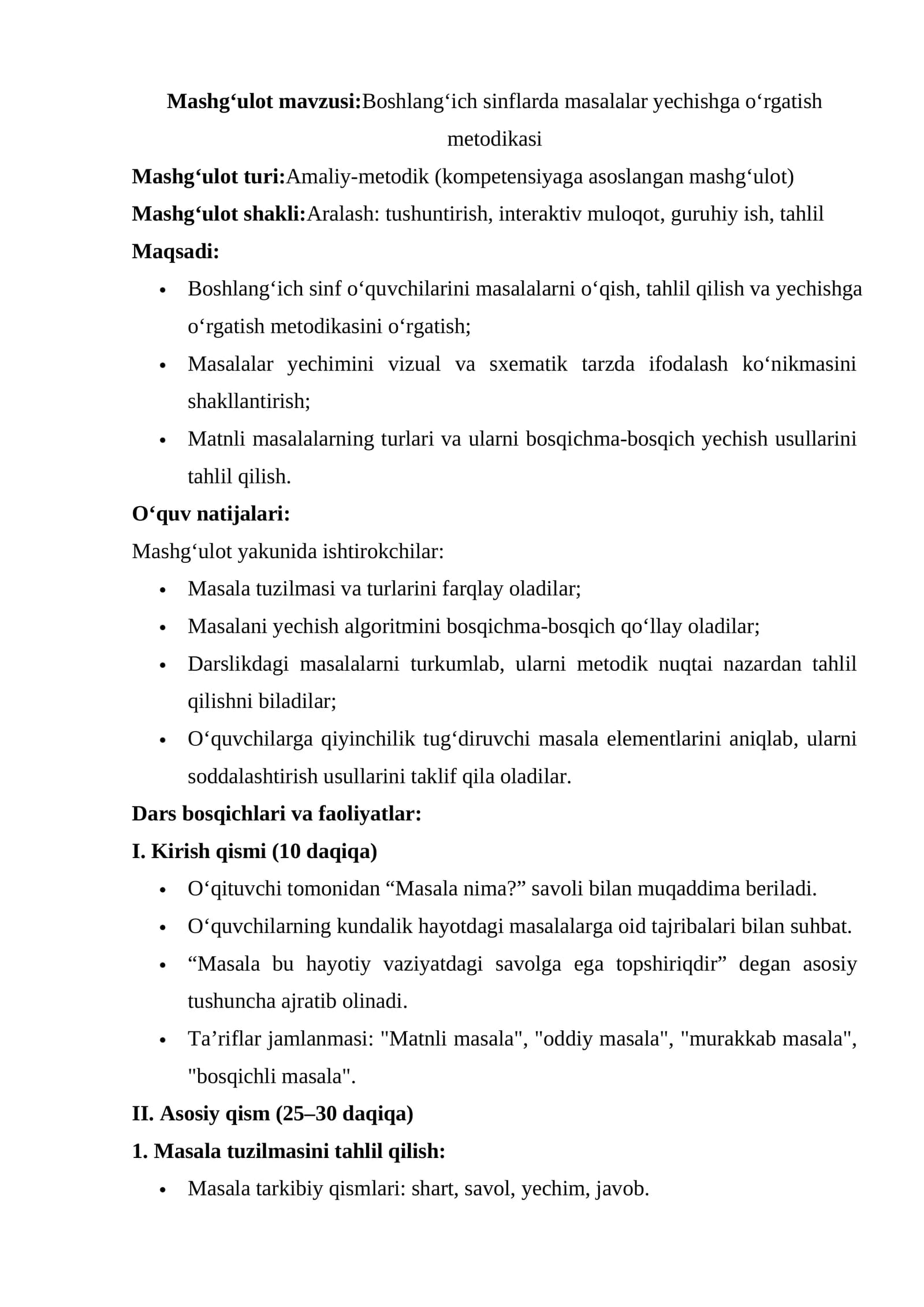 Boshlang‘ich sinflarda masalalar yechishga o‘rgatish metodikasi