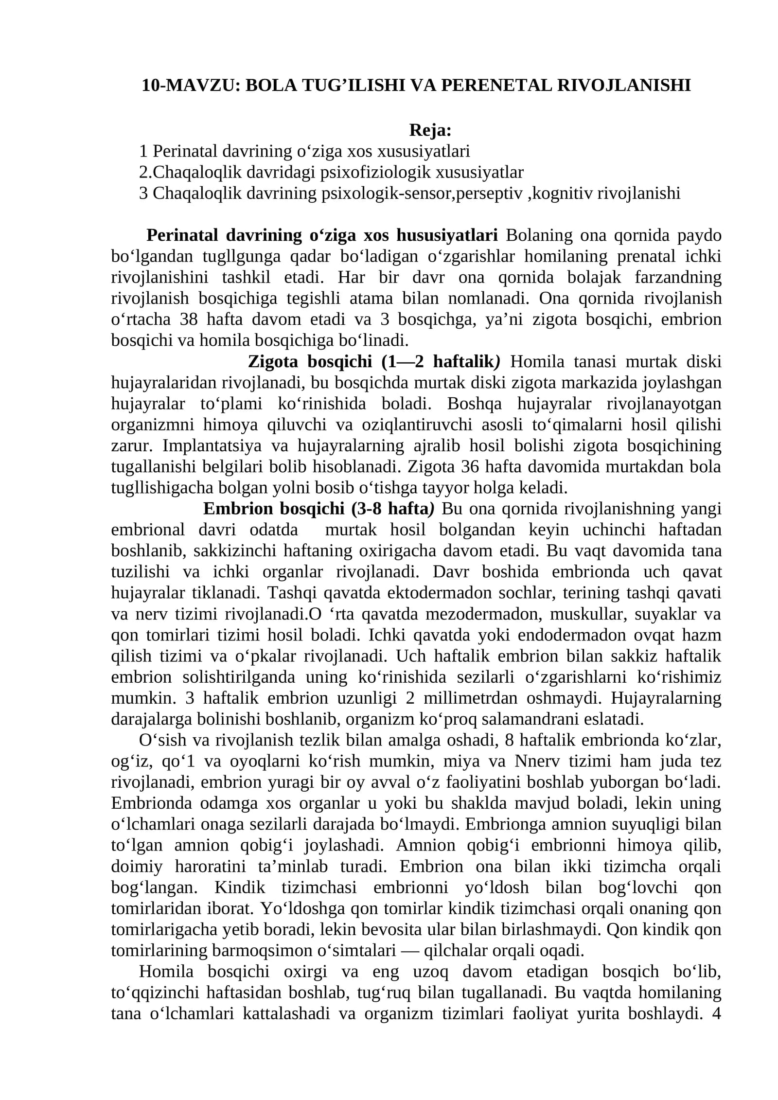 BOLA TUG’ILISHI VA PERENETAL RIVOJLANISHI