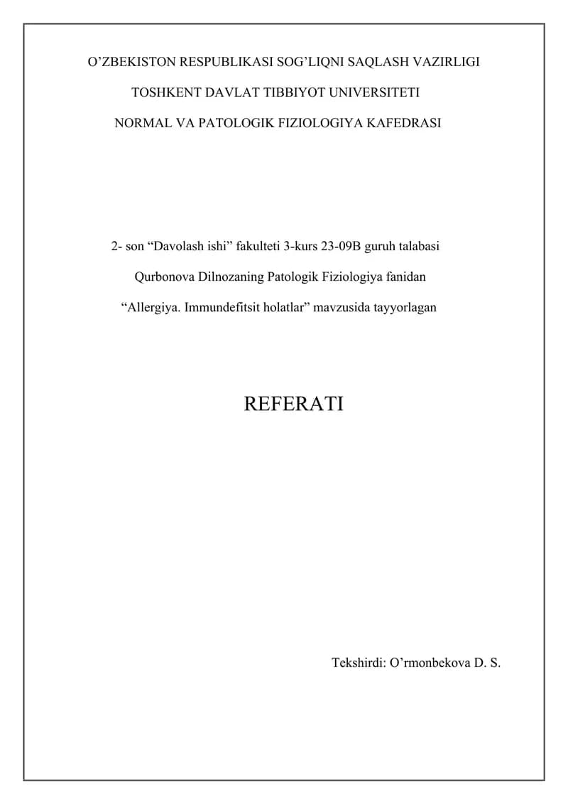 Allergiya. Immundefitsit holatlar