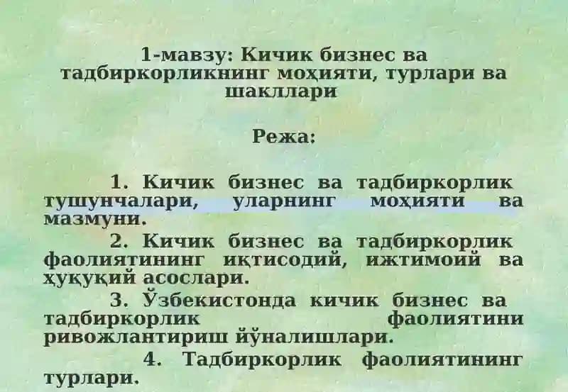 Кичик бизнес ва тадбиркорликнинг моҳияти, турлари ва шакллари