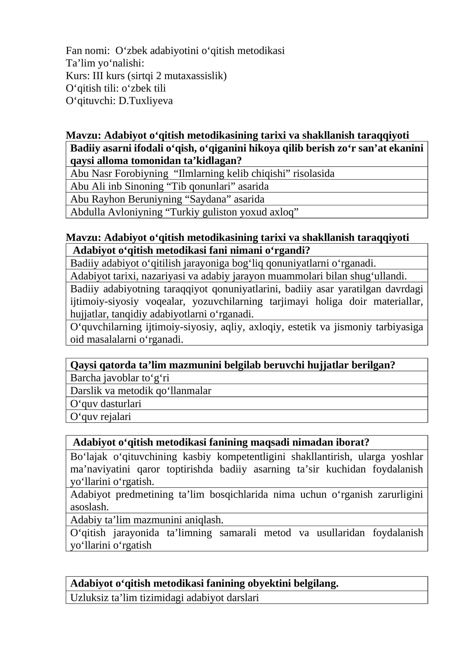 O‘zbek adabiyotini o‘qitish metodikasi