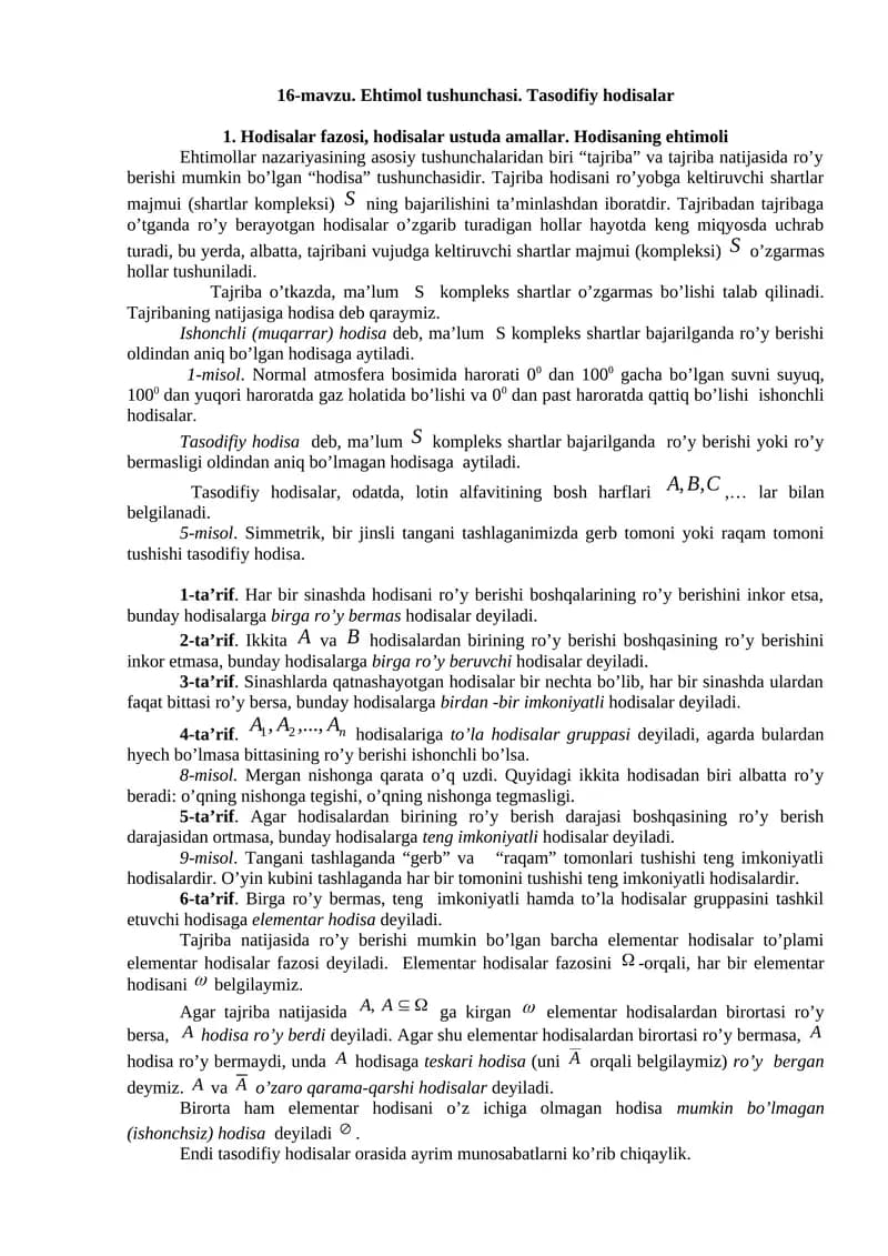 Ehtimol tushunchasi. Tasodifiy hodisalar