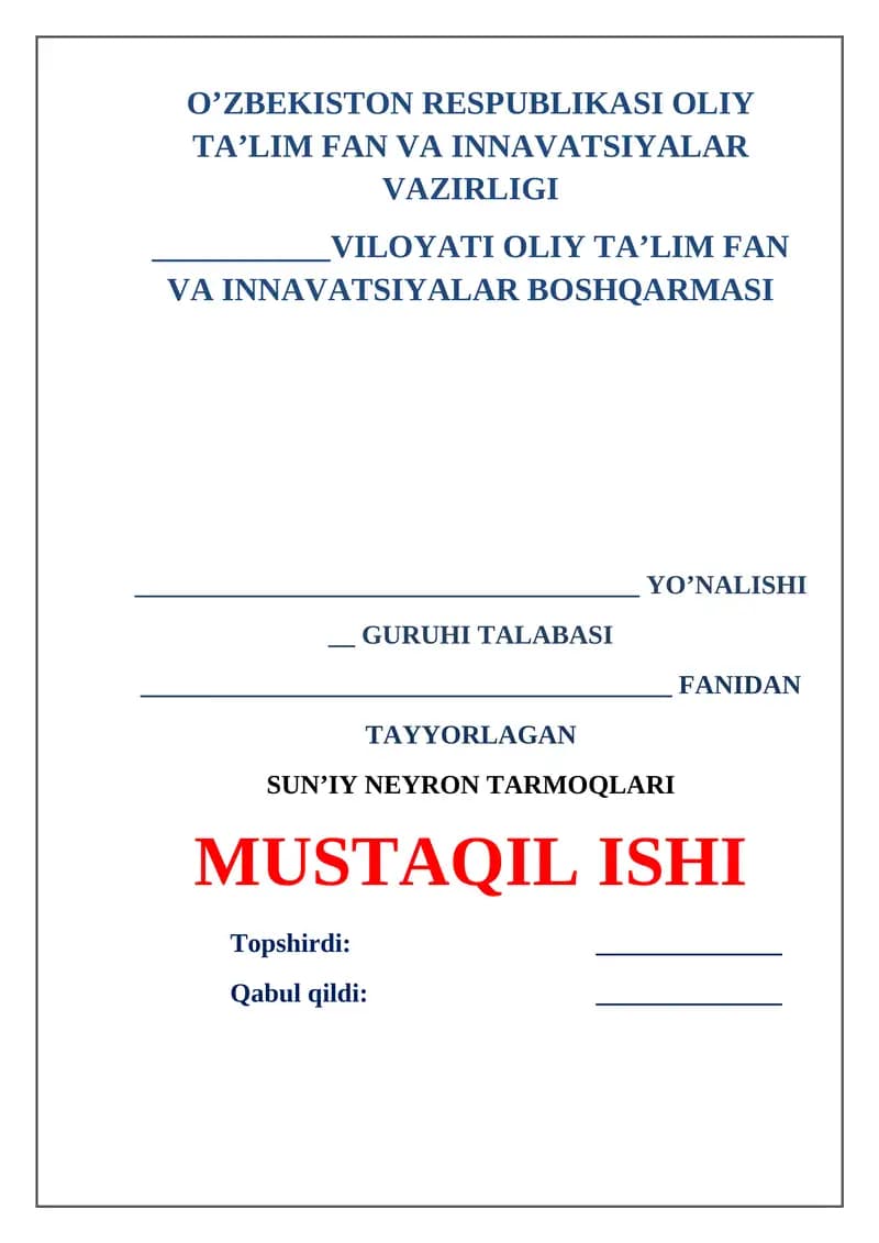 SUNʼIY NEYRON TARMOQLARI