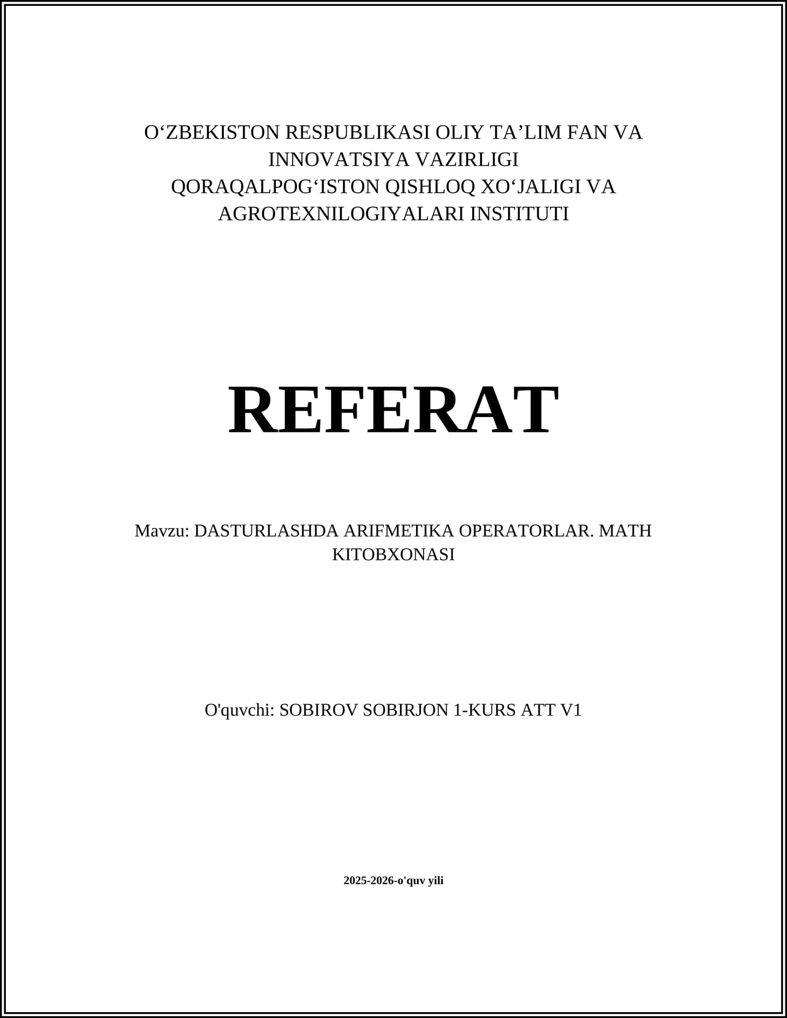 DASTURLASHDA ARIFMETIKA OPERATORLAR. MATH KITOBXONASI
