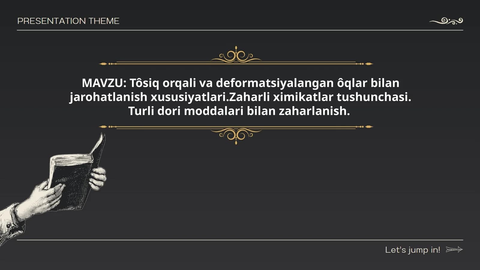 Tôsiq orqali va deformatsiyalangan ôqlar bilan jarohatlanish xususiyatlari.Zaharli ximikatlar tushunchasi. Turli dori moddalari bilan zaharlanish.Ôz R,,Fuqarolar soğliğini saqlash tôğrisidagai" Qonun