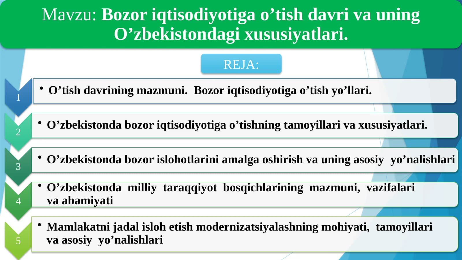 Bozor iqtisodiyotiga o’tish davri va uning O’zbekistondagi xususiyatlari