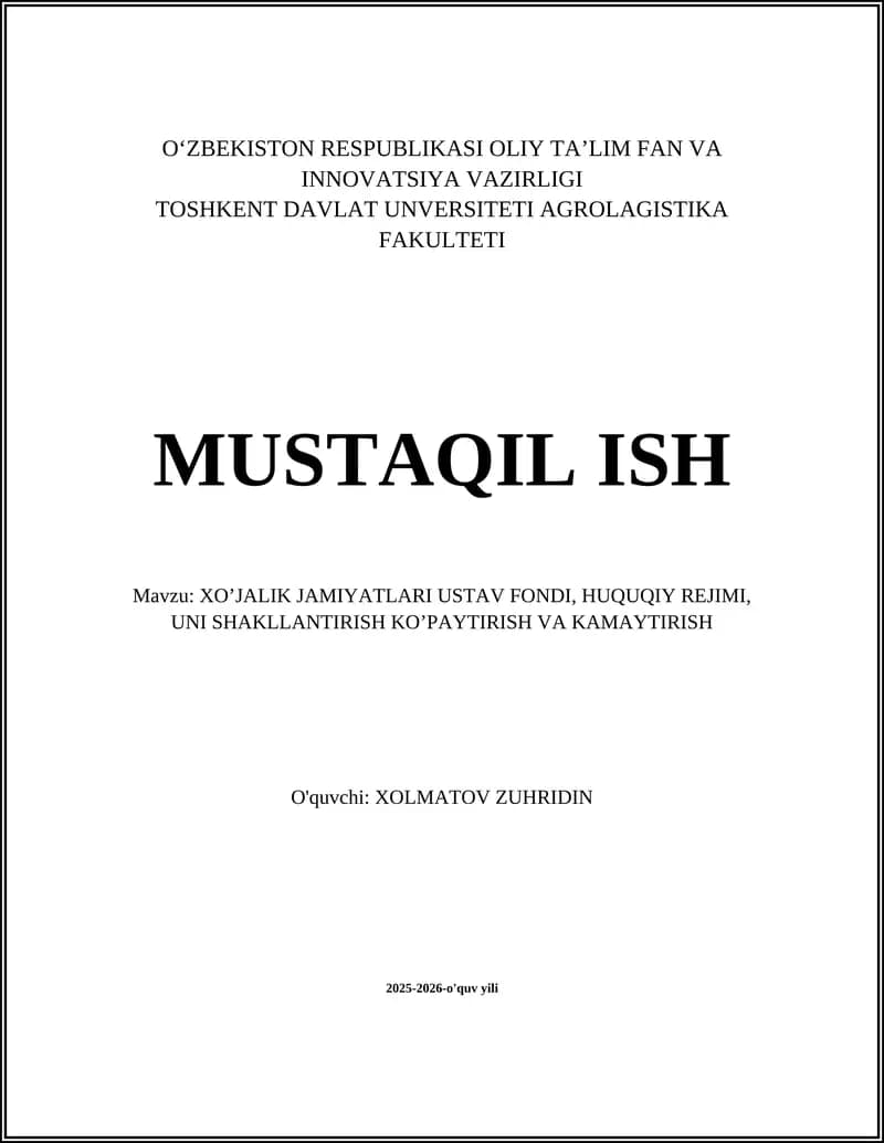 XO’JALIK JAMIYATLARI USTAV FONDI