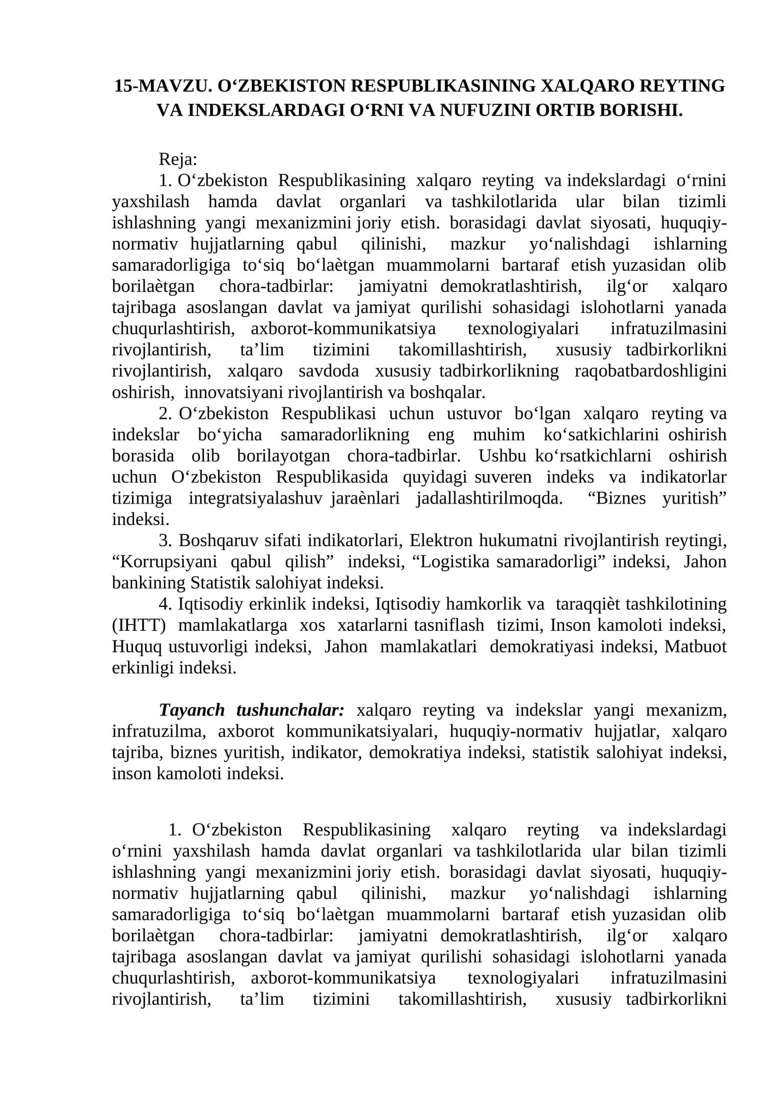 О‘zbekiston Respublikasining xalqaro reyting va indekslardagi о‘rni va nufuzini ortib borishi