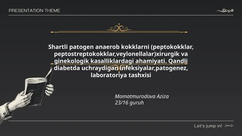 Shartli patogen anaerob kokklarni (peptokokklar, peptostreptokokklar,veylonellalar)xirurgik va ginekologik kasalliklardagi ahamiyati. Qandli diabetda uchraydigan infeksiyalar,patogenez, laboratoriya tashxisi