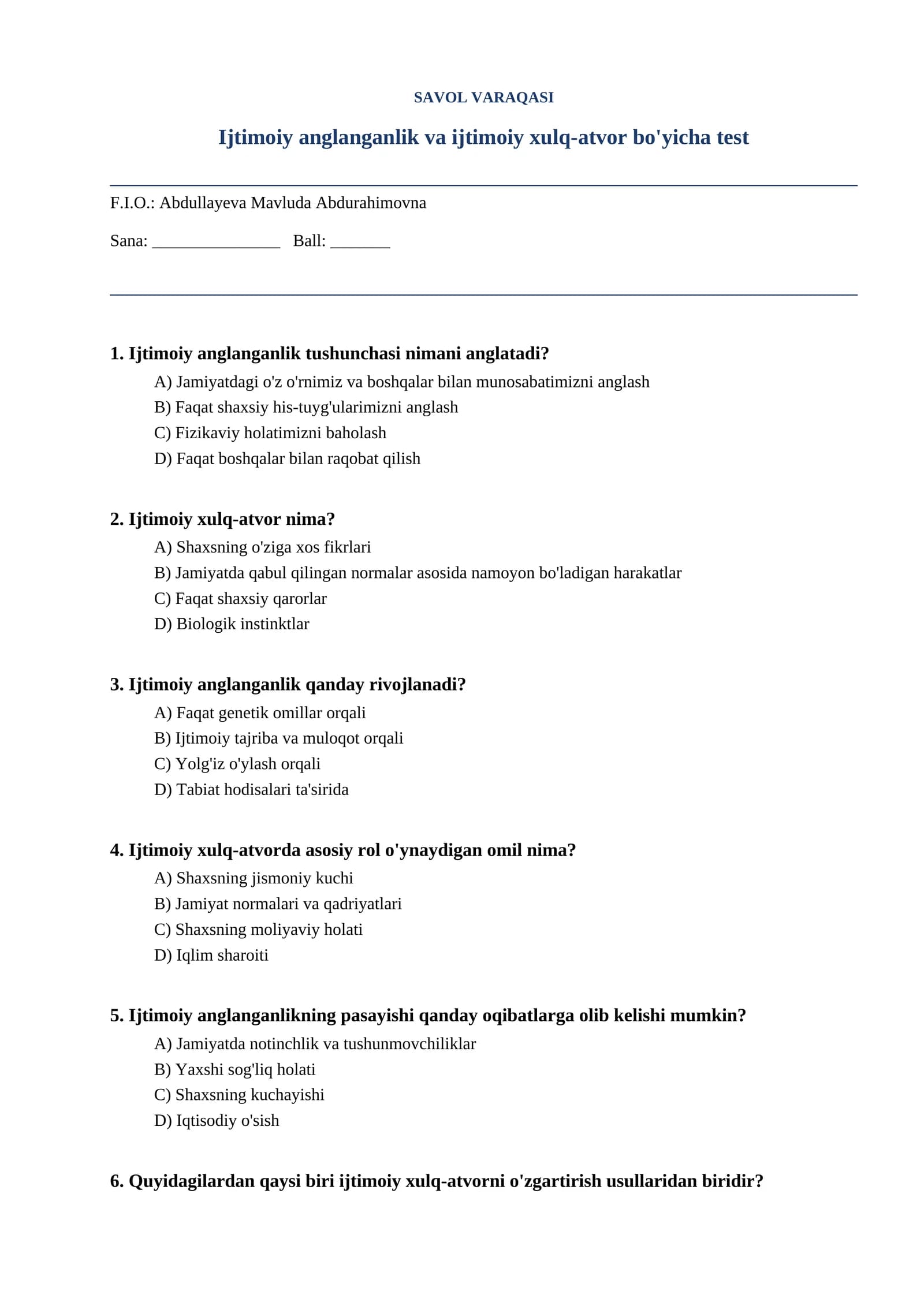 Ijtimoiy anglanganlik va ijtimoiy xulq-atvor bo'yicha test