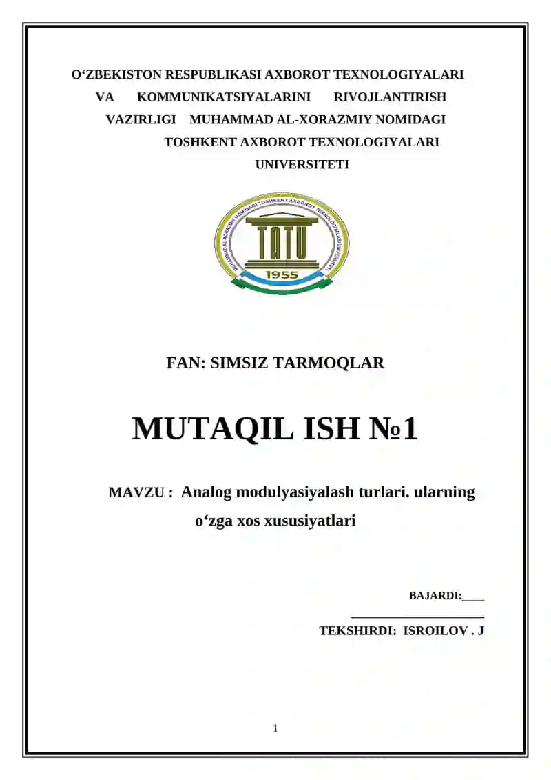 Analog modulyasiyalash turlari. ularning oʻzga xos xususiyatlari