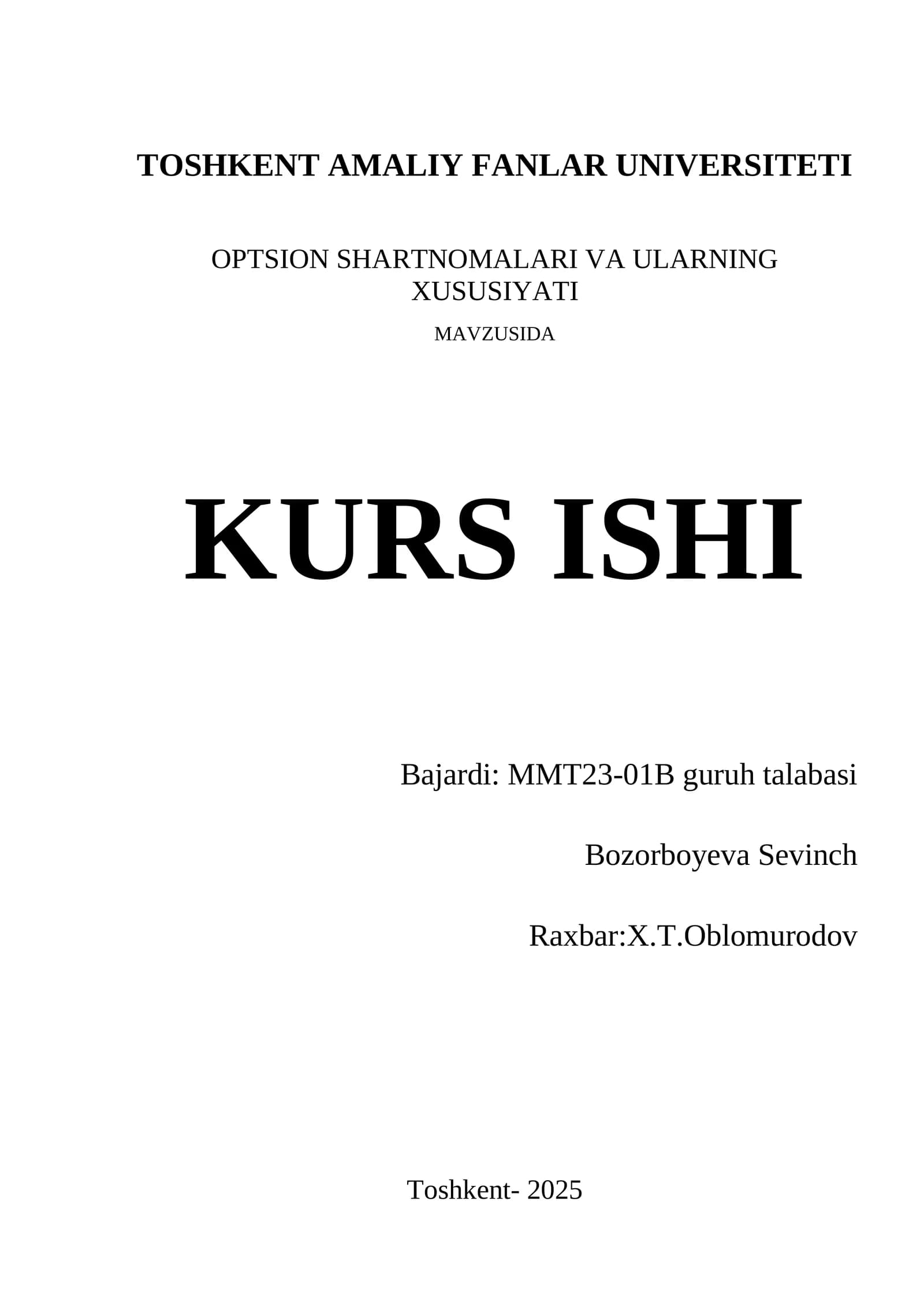 OPSION SHARTNOMALARI VA ULARNING XUSUSIYATI