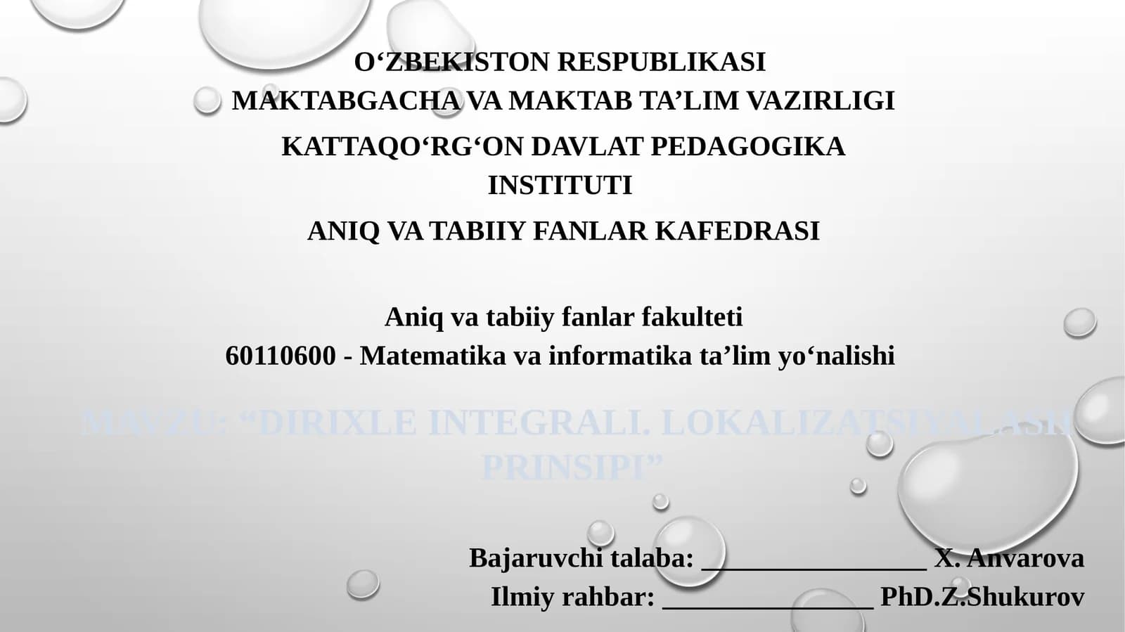 DIRIX LE INTEGRALI. LOKALIZATSIYALASH PRINSIPI