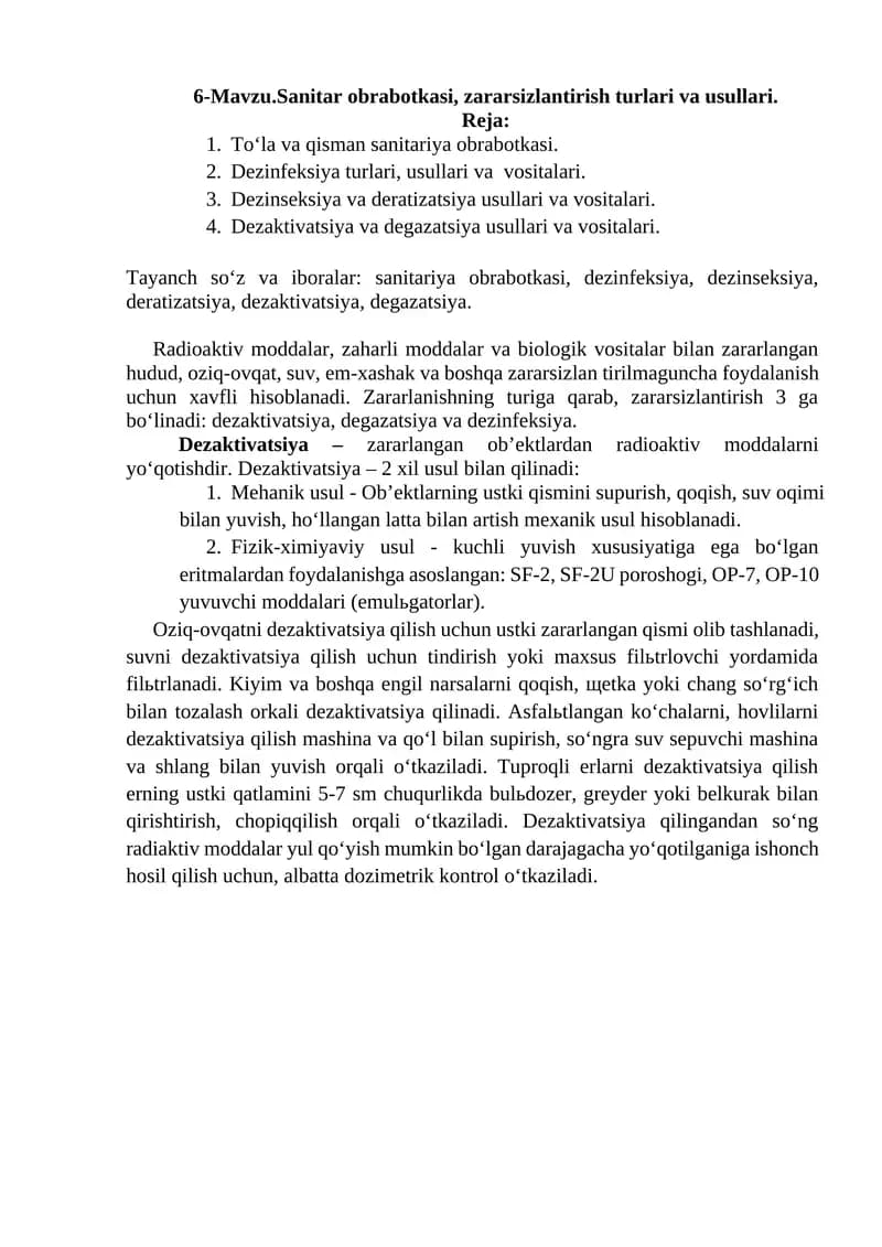 Sanitar obrabotkasi, zararsizlantirish turlari va usullari