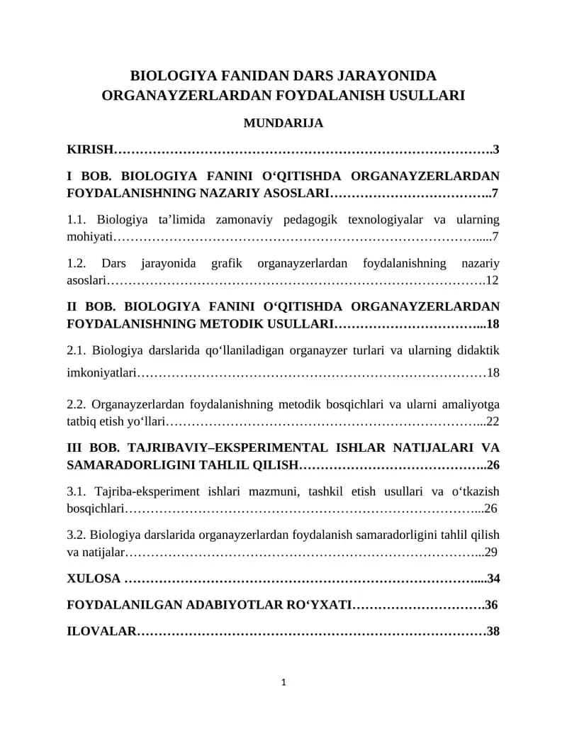 Biologiya fanidan dars jarayonida organayzerlardan foydalanish usullari