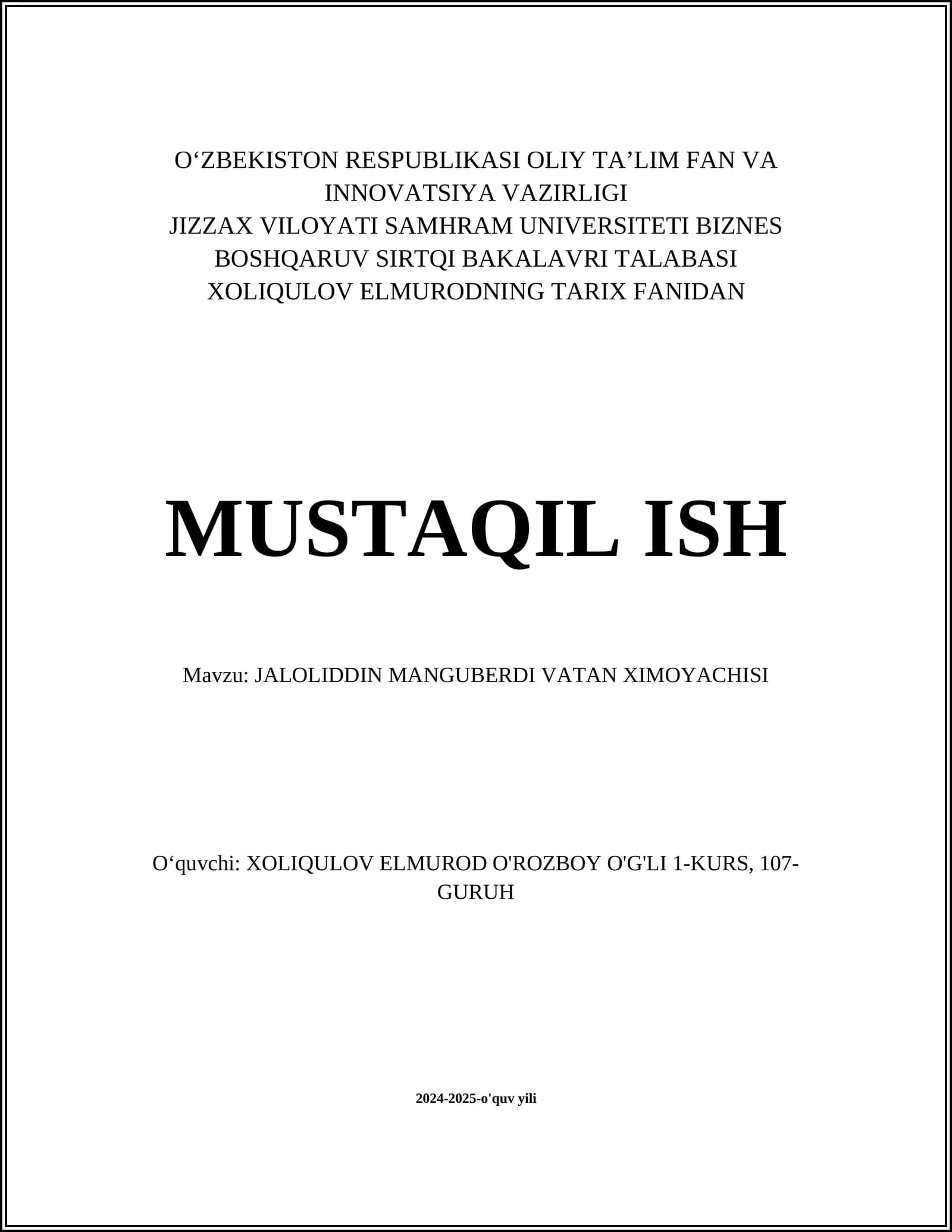 JALOLIDDIN MANGUBERDI VATAN XIMOYACHISI