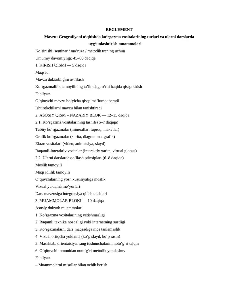 Geografiyani o‘qitishda ko‘rgazma vositalarining turlari va ularni darslarda uyg‘unlashtirish muammolari