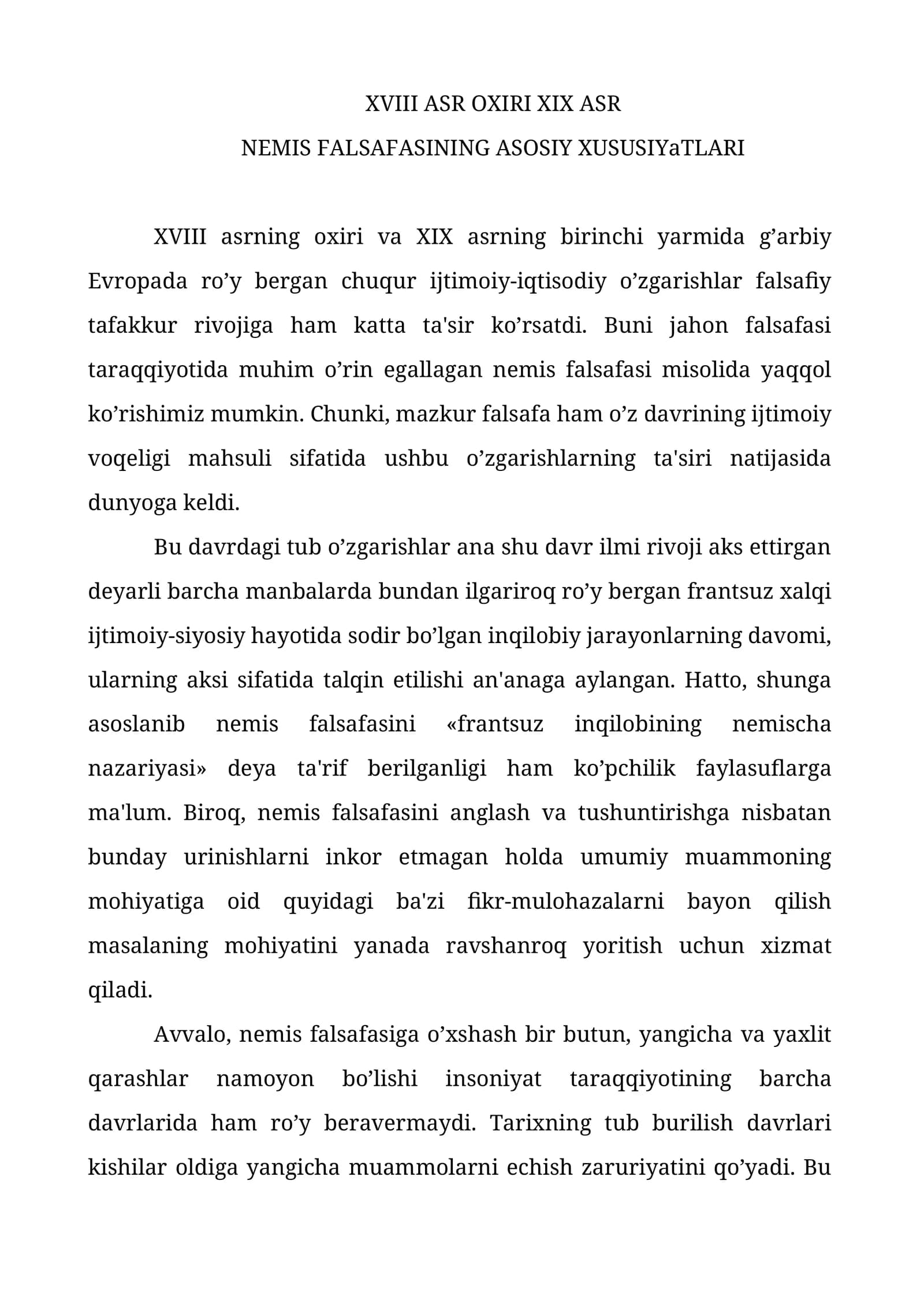 XVIII ASR OXIRI XIX ASR NЕMIS FALSAFASINING ASOSIY XUSUSIYaTLARI