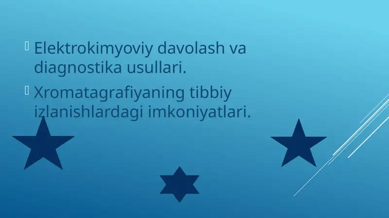 Elektrokimyoviy davolash va diagnostika usullari. Xromatagrafiyaning tibbiy izlanishlardagi imkoniyatlari
