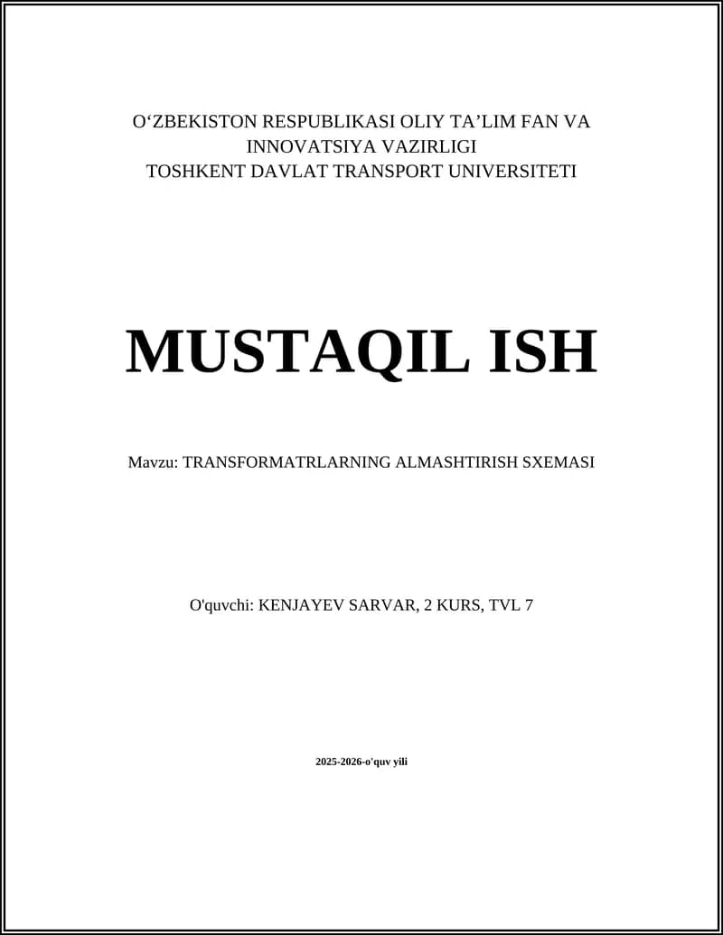 TRANSFORMATRLARNING ALMASHTIRISH SXEMASI