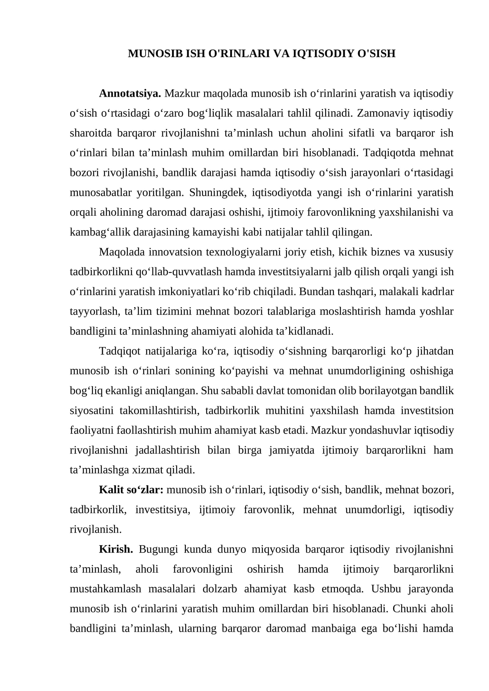 Maqola_MUNOSIB ISH O'RINLARI VA IQTISODIY O'SISH
