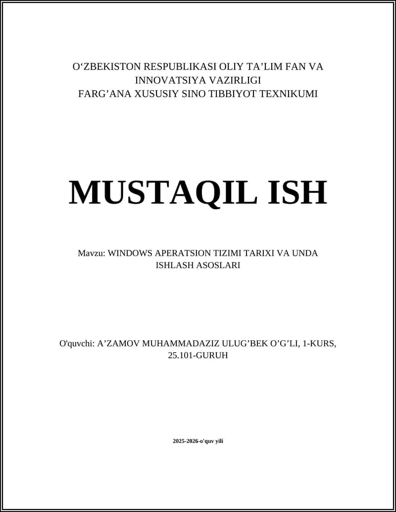 WINDOWS APERATSION TIZIMI TARIXI VA UNDA ISHLASH ASOSLARI
