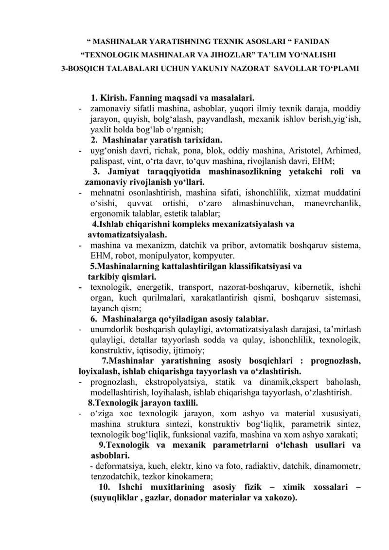 "MASHINALAR YARATISHNING TEXNIK ASOSLARI “ FANIDAN “TEXNOLOGIK MASHINALAR VA JIHOZLAR” TA’LIM YO‘NALISHI"