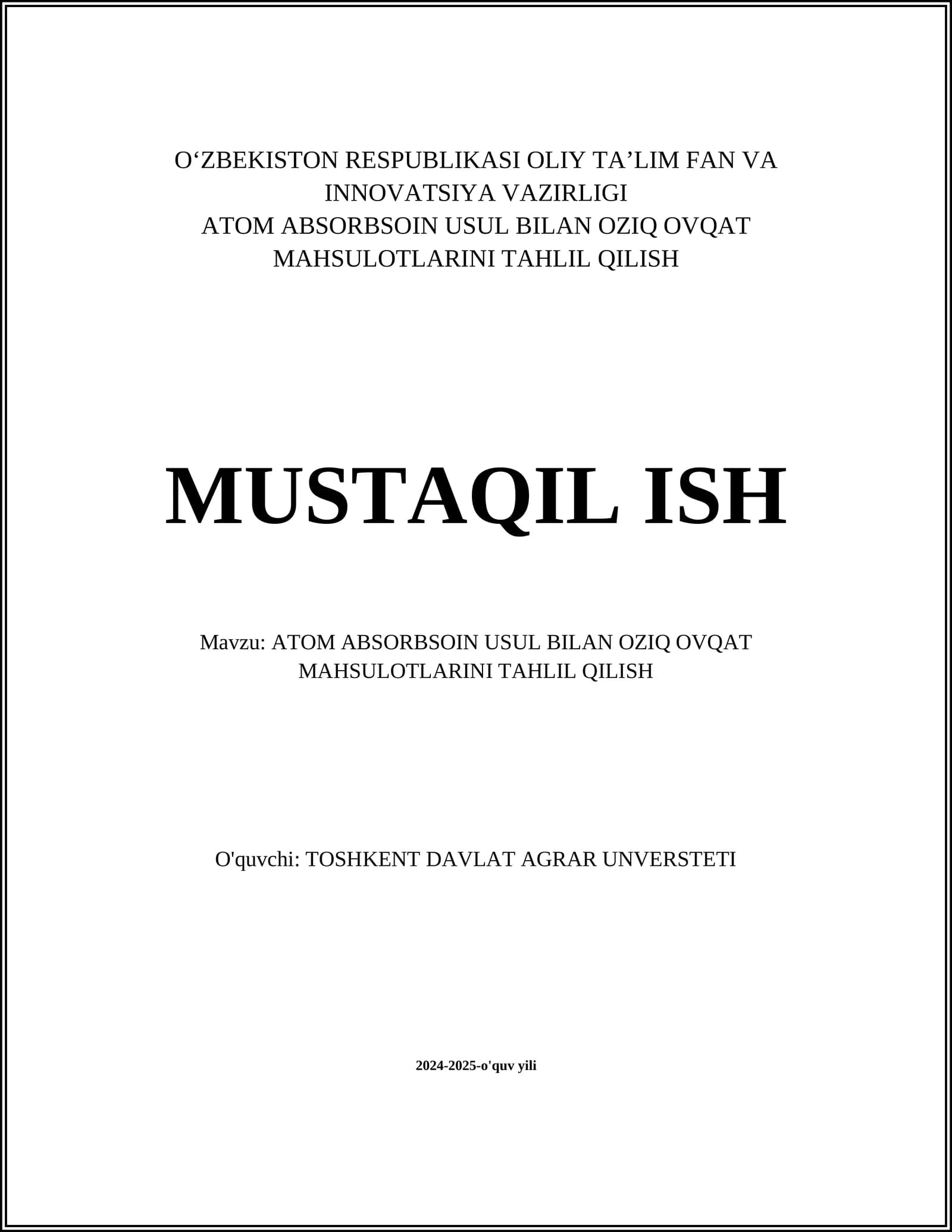 OZIQ OVQAT MAHSULOTLARINI TAHLIL QILISH
