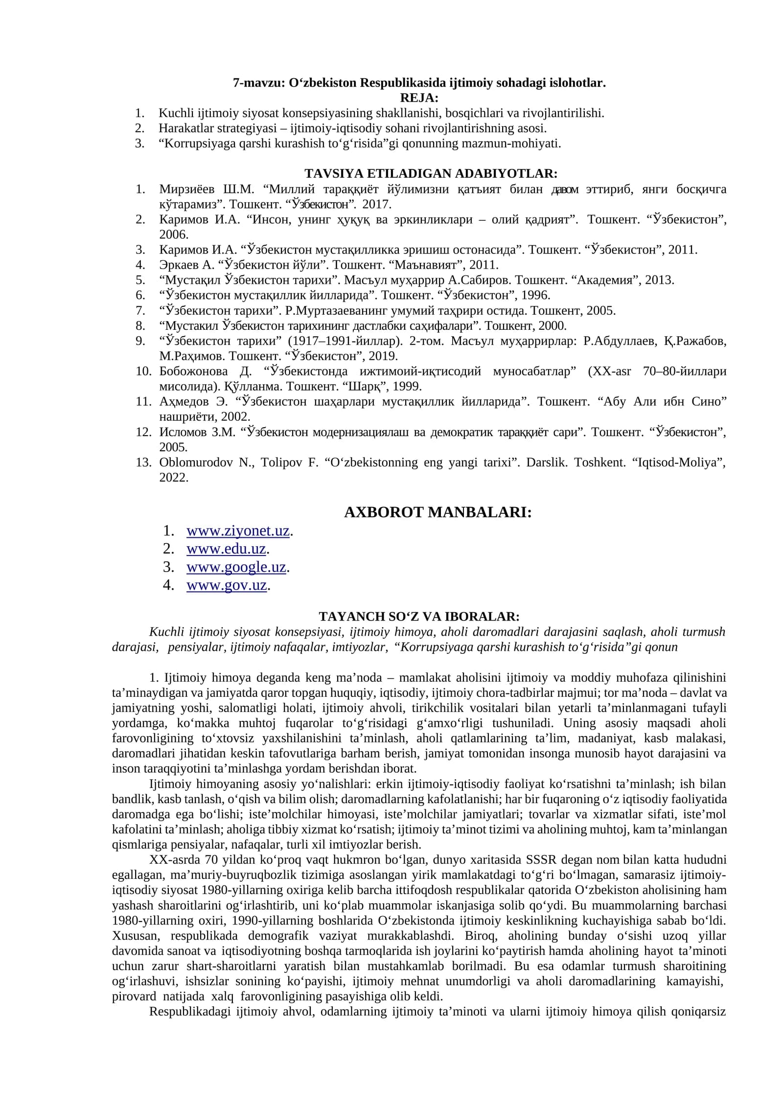 O‘zbekiston Respublikasida ijtimoiy sohadagi islohotlar