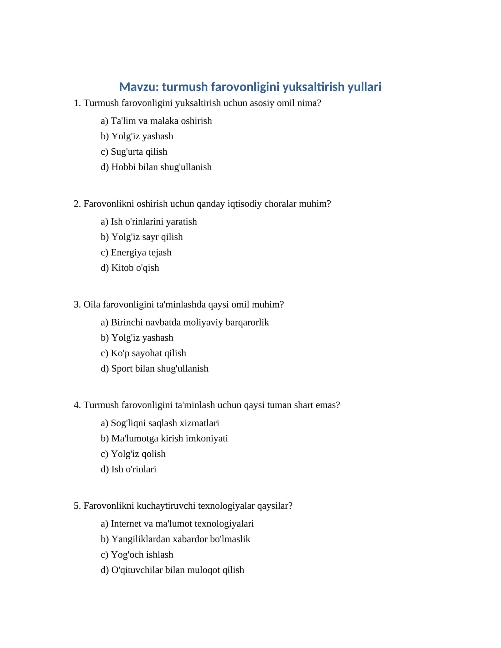 turmush farovonligini yuksaltirish yullari