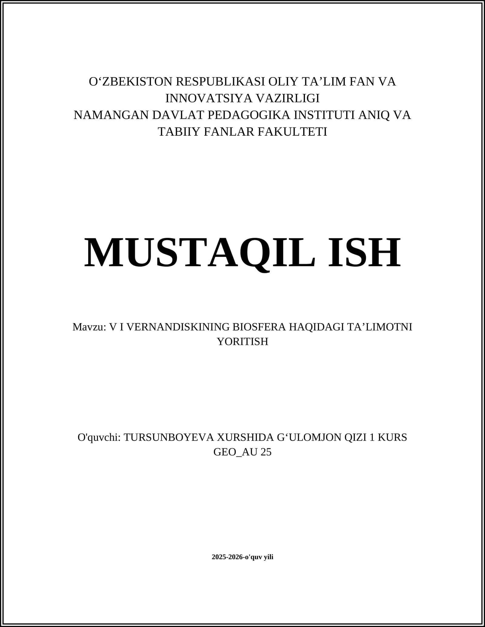 V I VERNANDISKINING BIOSFERA HAQIDAGI TAʼLIMOTNI YORITISH