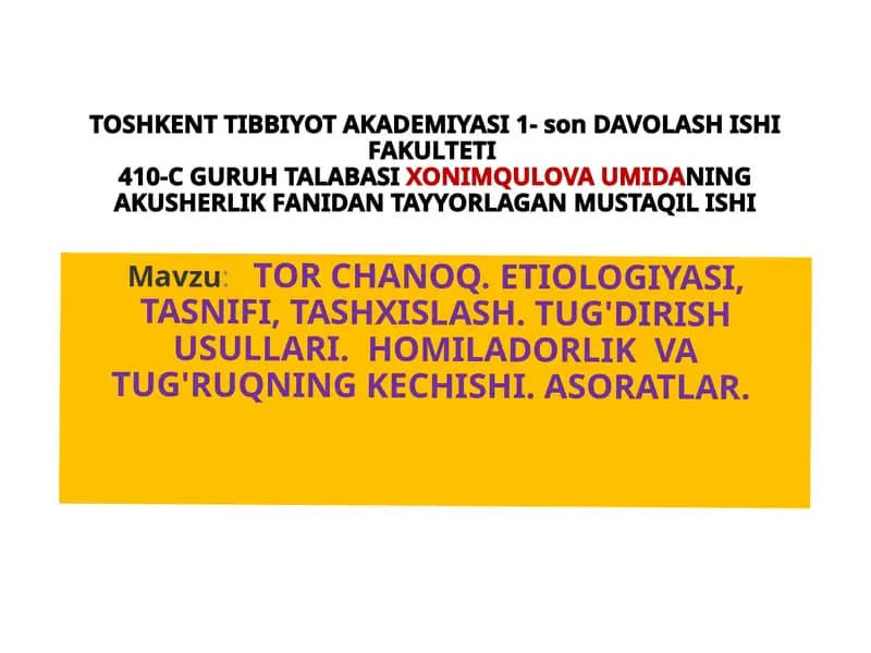 TORCHANOQ. ETIOLOGIYASI,TASNIFI,TASHXISLASH