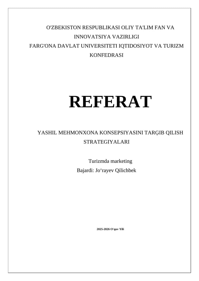 YASHIL MEHMONXONA KONSEPSIYASINI TARĢIB QILISH STRATEGIYALARI