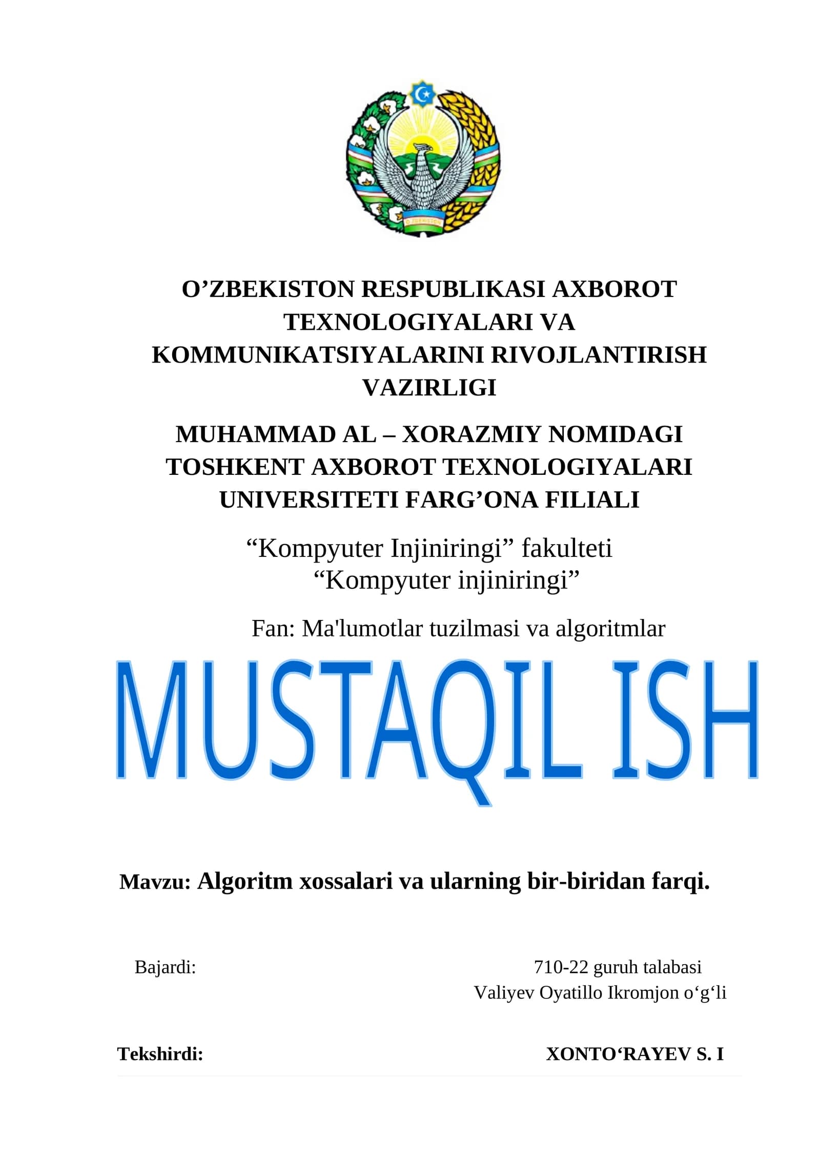 Algoritm xossalari va ularning bir-biridan farqi