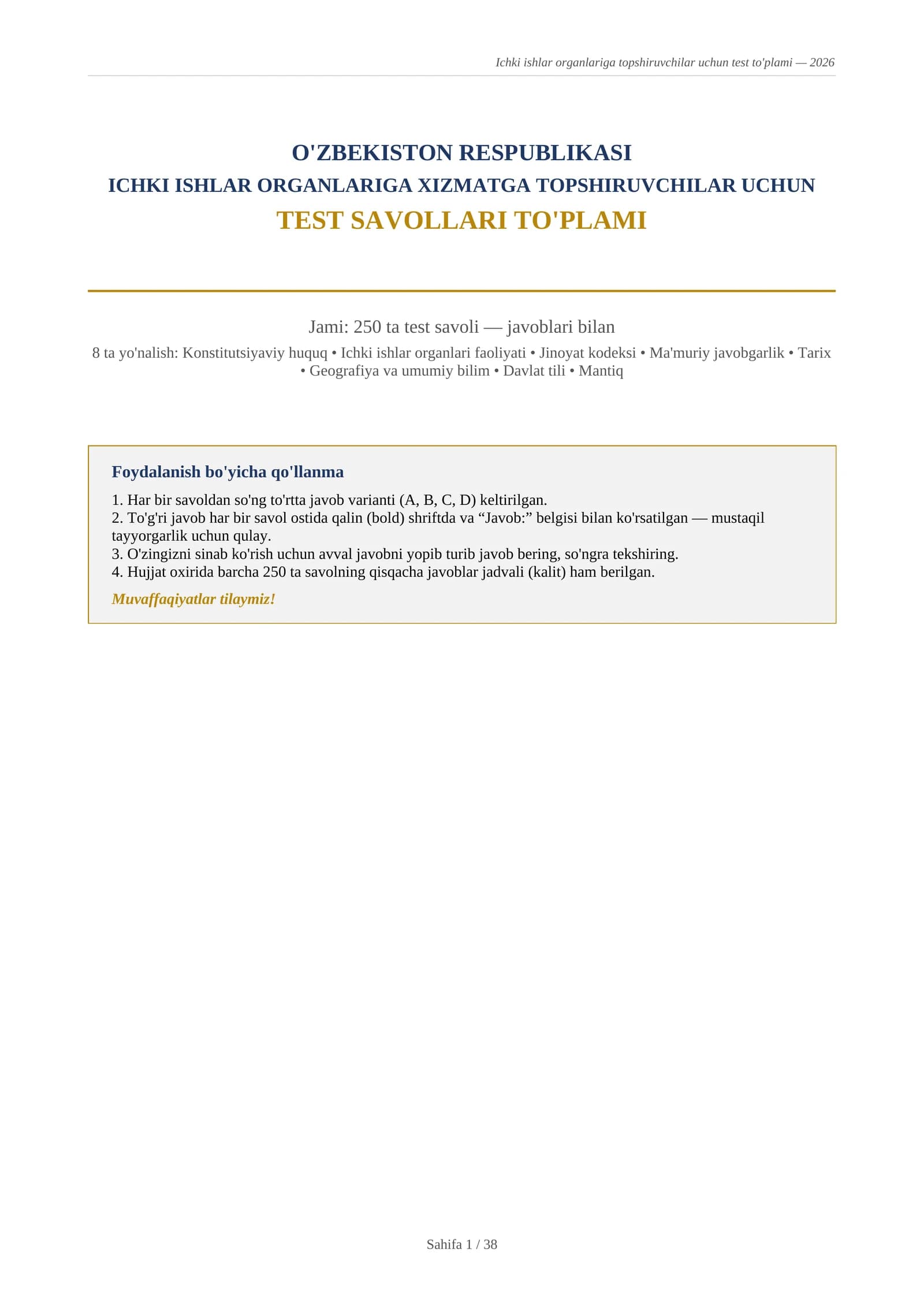 Ichki ishlar test yangi javoblari bilan