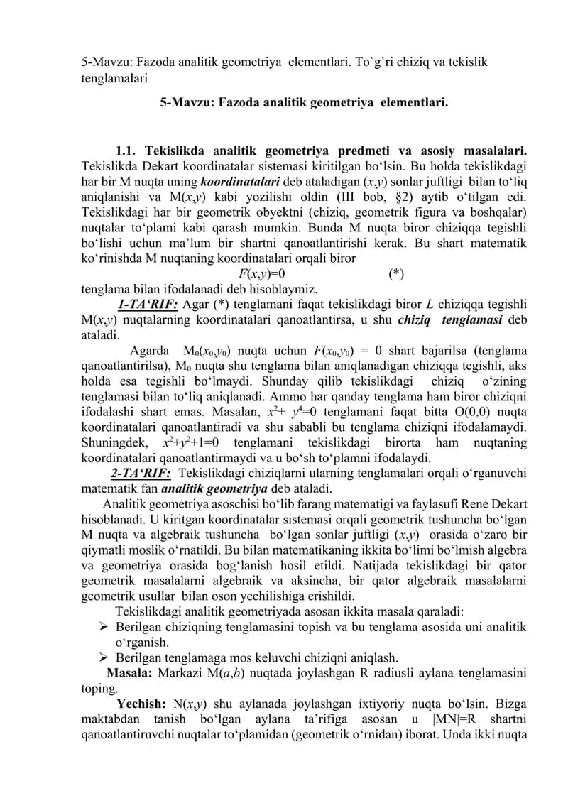 Fazoda analitik geometriya  elementlari. To`g`ri chiziq va tekislik tenglamalari