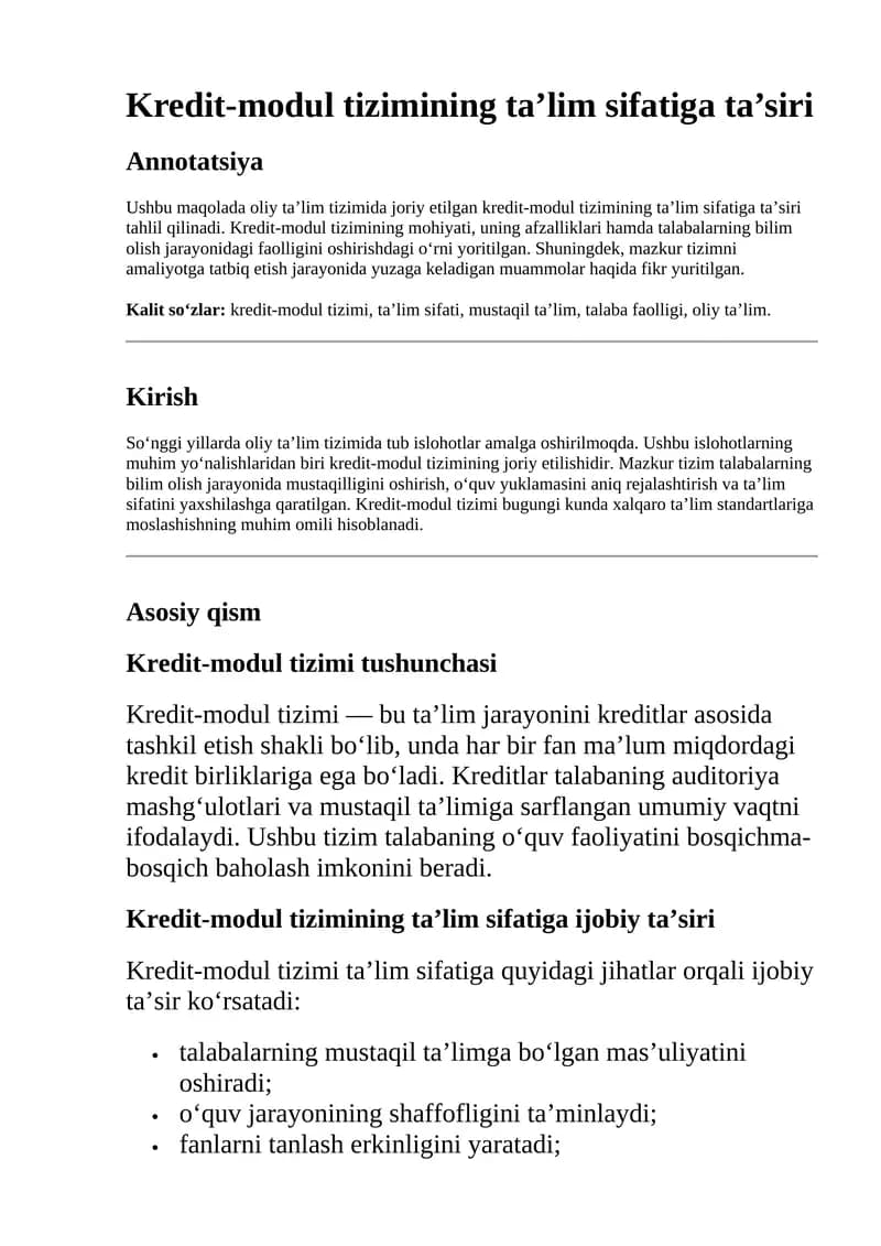 Kredit-modul tizimining ta’lim sifatiga ta’siri