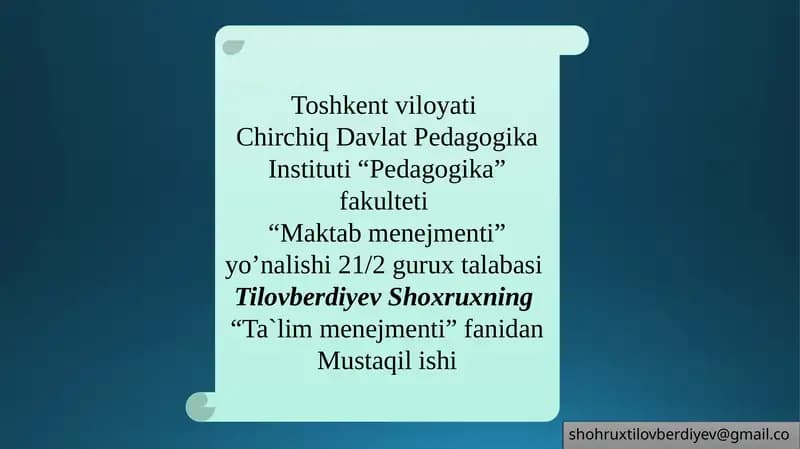 Mustaqil ish "Ta`lim menejmenti" fani bo'yicha reja