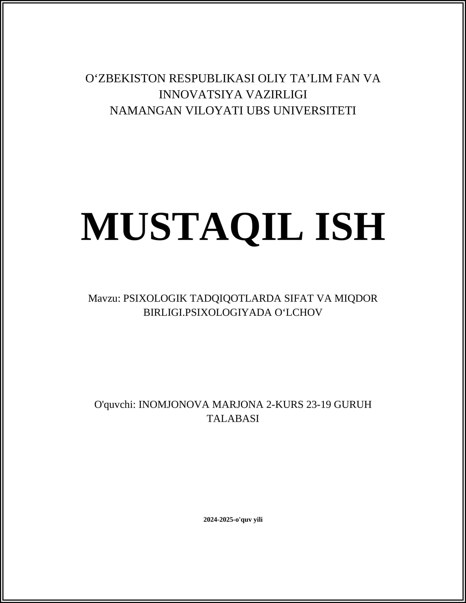 PSIXOLOGIK TADQIQOTLARDA SIFAT VA MIQDOR BIRLIGI.PSIXOLOGIYADA OʻLCHOV