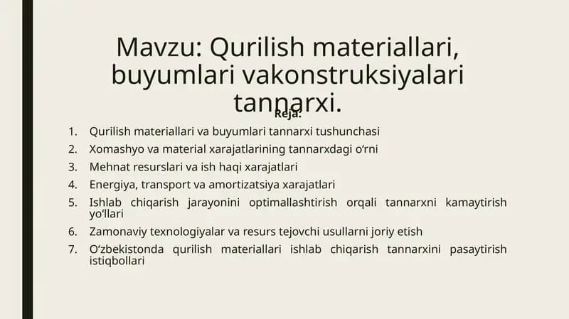 Qurilish materiallari, buyumlari vakonstruksiyalari tannarxi