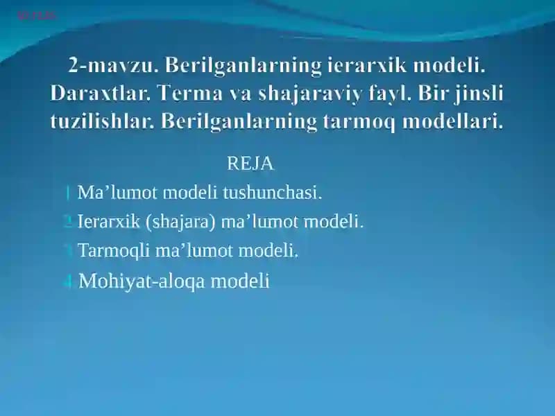 Bеrilganlarning iеrarхik mоdеli. Daraхtlar. Tеrma va shajaraviy fayl. Bir jinsli tuzilishlar. Bеrilganlarning tarmоq mоdеllari