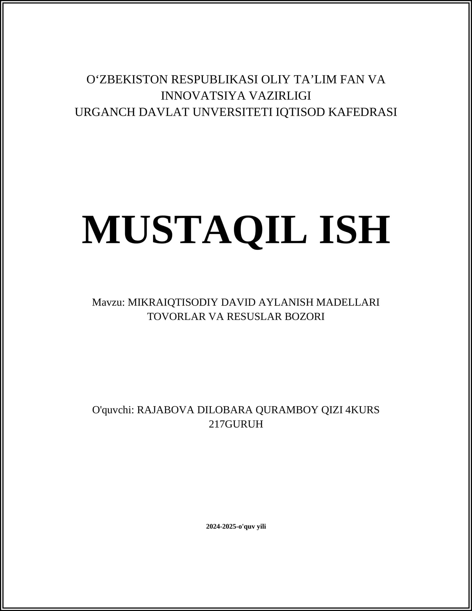 MIKRAIQTISODIY DAVID AYLANISH MADELLARI TOVORLAR VA RESUSLAR BOZORI