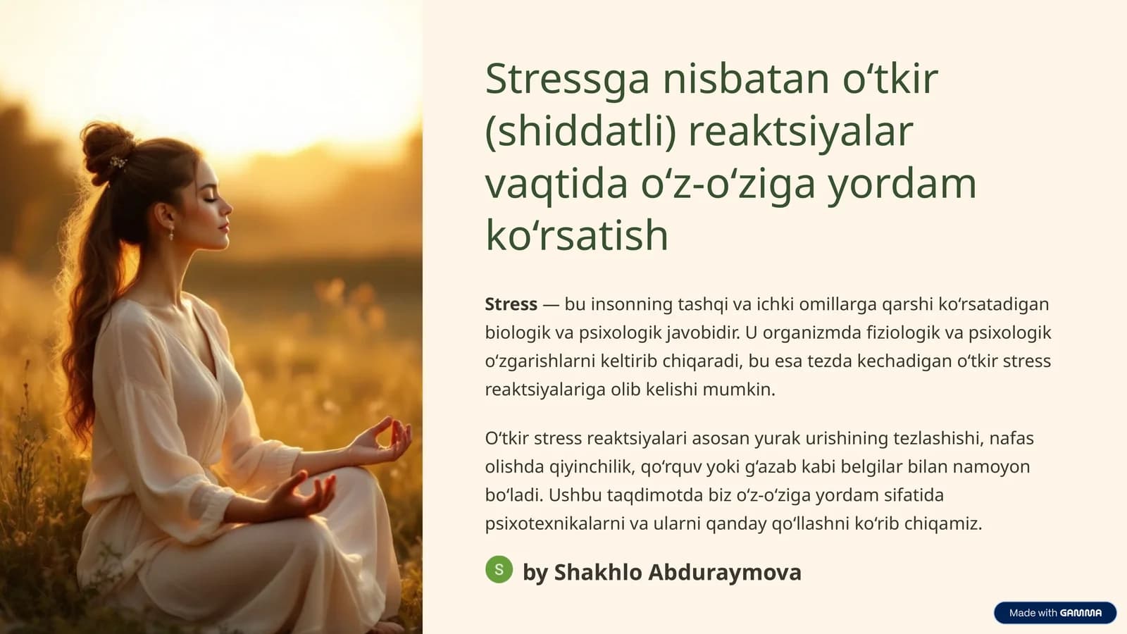 Stressga nisbatan o‘tkir (shiddatli) reaktsiyalar vaqtida o‘z-o‘ziga yordam ko‘rsatish