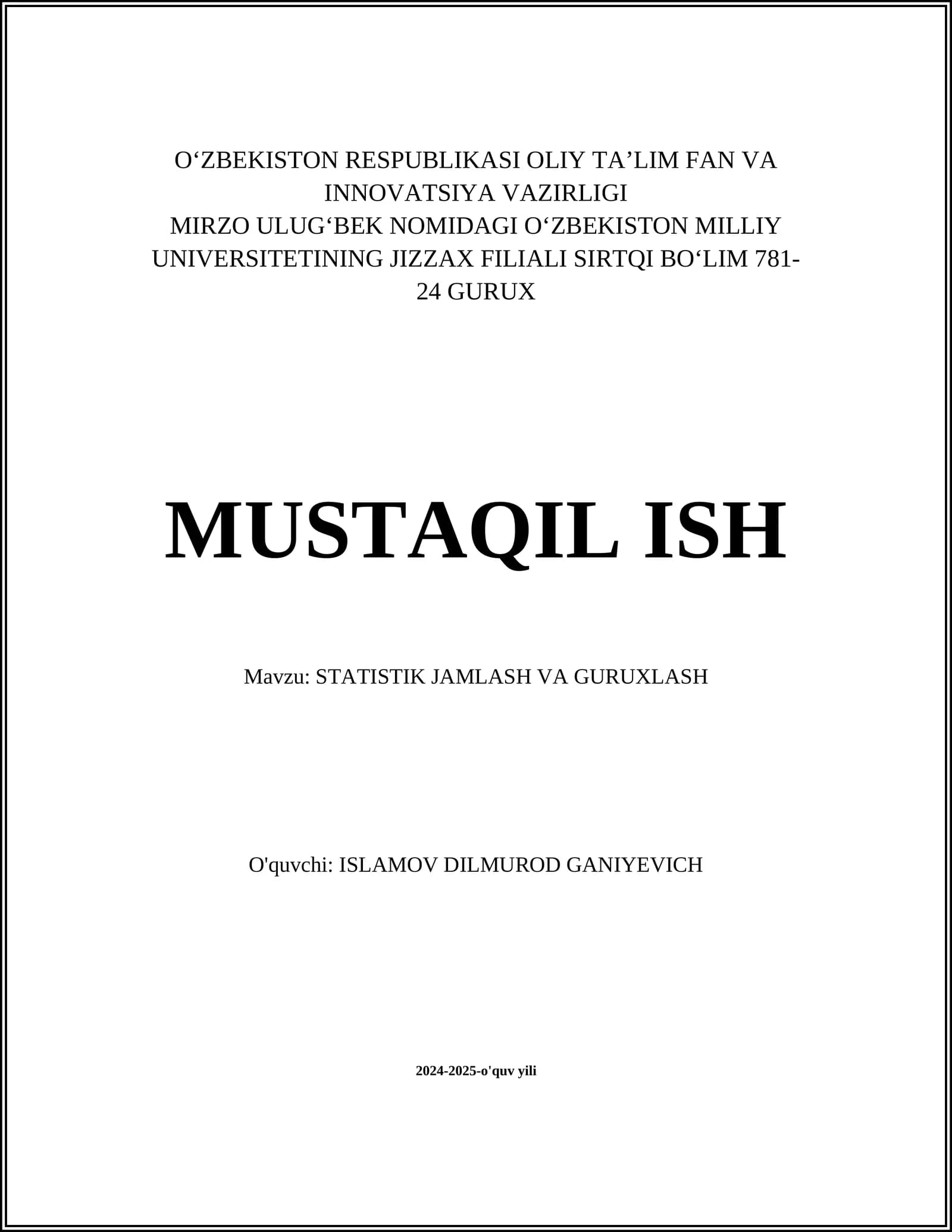STATISTIK JAMLASH VA GURUXLASH